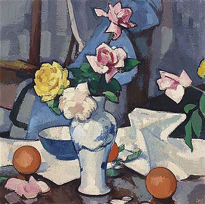 Still life with roses in a blue and white vase