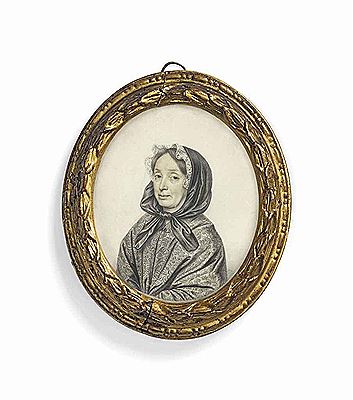 Mrs A. Harrison, in embroidered shawl, wearing black head scarf edged with lace, tied under her chin
