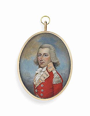 An officer, possibly Henry Pottinger, in scarlet uniform of the 38th Regiment of Foot with silver epaulettes, white frilled shirt and cravat, powdered hair; sky background