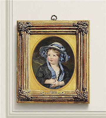 Victoria, Princess Royal (1840-1901) as a child, holding the long blue silk ribbons of her hat, in white dress, black coat, wearing a blue-lined straw hat adorned with black and blue ribbons on her curly fair hair; landscape background