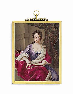 Queen Anne (1665-1714), seated, in purple dress with red ermine trimmed robe, interior background