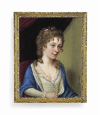 A young lady, in white dress with blue trim and pearl buttons, white-lined blue stole, with ribbon in her upswept hair, seated on a red upholstered chair; red curtain background