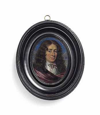 A gentleman, in white shirt tied with pink ribbon, pink cloak, long curling brown hair; sky background