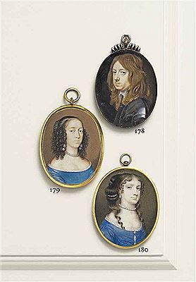 A young lady, in low-cut cerulean blue dress, pearl necklace and drop-pearl earrings, pearl-laced cap in her upswept curling brown hair; buff background with painted gold border by David Granges - Auction record, sale price, and art valuation. Compare with similar artists and explore comparable artworks.