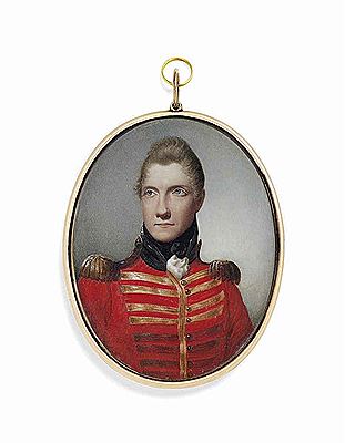 A young officer, in scarlet coat with black collar, gold frogging and epaulettes