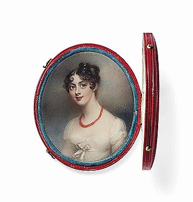 Lady Caroline Lamb, née Ponsonby (1785-1828),in white dress, white ribbon tied around her waist, coral necklace, upswept curling brown hair; sky background