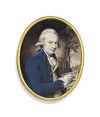 Paul Sandby (1731-1809) in blue coat, white waistcoat and cravat, powdered hair en queue, holding a pen and open book; landscape background with Windsor Castle in the distance