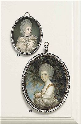 Mrs Abington, née Frances Barton (1737-1815), in cream silk hooded cape trimmed with lace and tied with a ribbon, black choker, powdered upswept hair