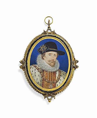 James I (1566-1625), King of Scotland as James VI 1567-1625, and King of England 1603-1625, in gold-embroidered doublet with ermine sleeves, high lace ruff, wearing the Collar of the Order of the Garter and a Great George, black hat with jewelled hat badg