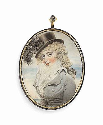 Sarah Hussey Delaval, Countess of Tyrconnel (1763-1800), in pale grey riding habit, white waistcoat and scarf tied at corsage, black riding hat with black feather and rosette in her powdered curling hair; ship and seascape background