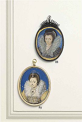 A young lady, called Lady Arabella Stuart (1575-1615), in gold dress with embroidered pearl-bordered bodice and gold sleeves, white high-standing lace collar, gold pendant with three drop pearls hanging from a pearl necklace, gold and drop-pearl pendant a