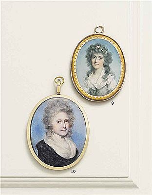 Sarah Garrow, née Dore (d. 1808), in white dress with fichu, a pink bandeau and string of pearls in her powdered curling hair