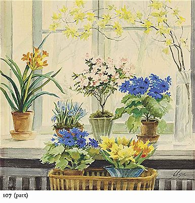 Flowering branches with potted wildflowers (illustrated); and Blossoming azaleas and violets (2)