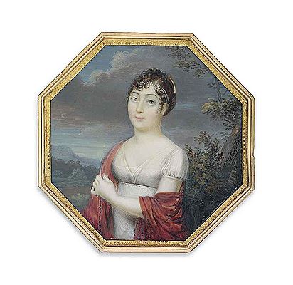 A young lady, in white muslin dress with red shawl around her shoulders, upswept brown curling hair, decorated with two strings of pearls and gold band; mountainous landscape background by Jacques Delaplace - Auction record, sale price, and art valuation. Compare with similar artists and explore comparable artworks.