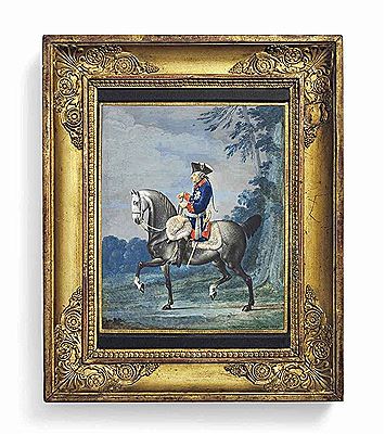 Frederick the Great (1712-1786), King of Prussia 1740-1786, on horseback, in the uniform of the Prussian Life Guards, red-lined blue coat with red collar, black trousers, grey sash tied around his waist, wearing gloves and the breast-star of the Royal Pru by Daniel Nicolas Chodowiecki - Auction record, sale price, and art valuation. Compare with similar artists and explore comparable artworks.