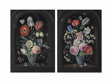 ROSES, MORNING-GLORY, A CARNATION, AN IRIS AND OTHER FLOWERS IN A PORCELAIN VASE, WITH A RED ADMIRAL, CATERPILLARS, DRAGONFLIES AND OTHER INSECTS IN A SCULPTED NICHE; AND ROSES, AN IRIS, A CARNATION, A TULIP AND OTHER FLOWERS IN A PORCELAIN VASE, WITH A R by Jan (The Elder) Van Kessel - Auction record, sale price, and art valuation. Compare with similar artists and explore comparable artworks.