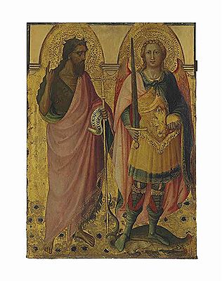 Saint John the Baptist and Saint Michael - left panel of the main tier of a polyptych by Lorenzo Di Bicci - Auction record, sale price, and art valuation. Compare with similar artists and explore comparable artworks.