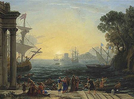 A Mediterranean port at sunrise with the Embarkation of Saint Paula for Jerusalem
