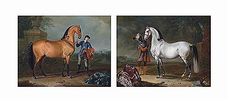 A bay stallion held by a groom in a landscape; and An Arab stallion held by a groom in oriental costume, in a landscape