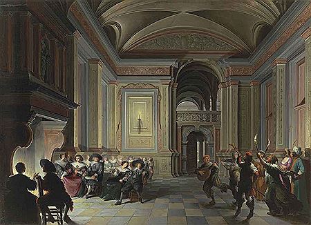 A palatial interior with figures dining and carnival revellers in the foreground