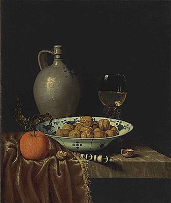 Walnuts in a wan-li porcelain bowl, a stoneware jug, an orange, a knife with an ebony and ivory handle and a roemer, on a partially draped ledge by Hubert Ravesteyn - Auction record, sale price, and art valuation. Compare with similar artists and explore comparable artworks.