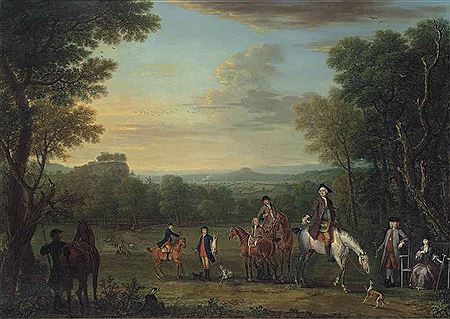 Thomas Osborne, 4th Duke of Leeds (1713-1789), on horseback, with a hunting party in an extensive wooded landscape