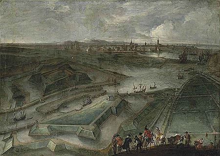 A VIEW OF OSTEND, WITH THE FORT SAINT PHILIPPE AND THE SLIJKENS SLUICE, FIGURES IN THE FOREGROUND AND THE FLAG OF FLANDERS