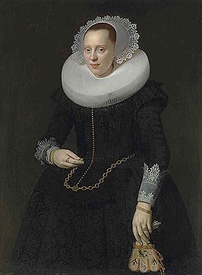 PORTRAIT OF A LADY, THREE-QUARTER-LENGTH, IN A BLACK EMBROIDERED DRESS, RUFF AND LACE CUFFS, HOLDING A PAIR OF EMBROIDERED GLOVES