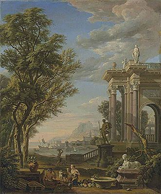 AN ITALIANATE LANDSCAPE WITH FIGURES RESTING BY A FOUNTAIN AND A CLASSICAL BUILDING, A PORT BEYOND