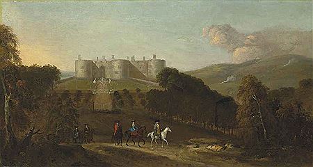 A VIEW OF CHIRK CASTLE WITH ELEGANT FIGURES ON HORSEBACK IN THE FOREGROUND