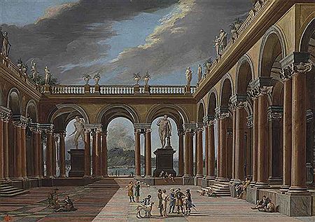 AN ARCHITECTURAL CAPRICCIO OF A LOGGIA WITH ELEGANTLY-DRESSED FIGURES, THE SEA AND MOUNTAINS BEYOND