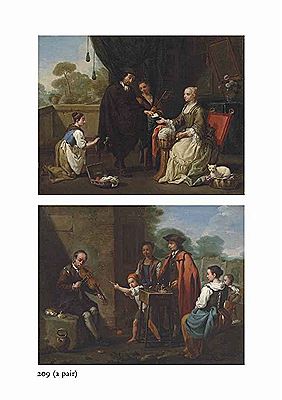 A MAN PAYING A SEAMSTRESS FOR HER SERVICES; AND A FIDDLER AND A QUACKSALVER WITH OTHER FIGURES OUTSIDE A HOUSE by Antonio Mercurio Amorosi - Auction record, sale price, and art valuation. Compare with similar artists and explore comparable artworks.