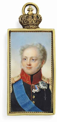 Alexander I (1777-1825), Emperor of Russia 1801-1825, in black uniform with red and gold collar and gold epaulettes, wearing the blue sash and breast-star of the Imperial Russian Order of St. Andrew