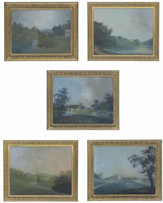 Five Views of Wynyard Hall, Durham, 1797: including The Principal Front and Lion Bridge from across the Lake; View of the opposite Front and Lion Bridge from across the Lake; Two views of Wynyard Hall overlooking the Lake; and The grounds with cattle and