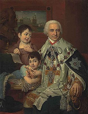 Portrait of Admiral Count Grigorii Grigorievich Kushelev (1754-1833), wearing the ceremonial costume of the Order of St Andrew, the diamond order of St Andrew with necklace, the Order of Malta with diamonds and the Order of St Anne and Alexander Nevskii, by Vladimir Lukich Borovikovsky - Auction record, sale price, and art valuation. Compare with similar artists and explore comparable artworks.