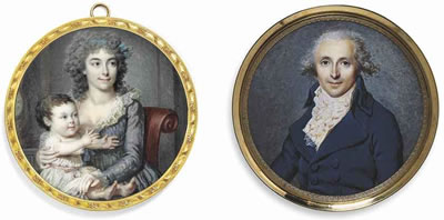 Mme Audouy, wearing a lilac dress, blue flowers in her hair, holding her baby daughter on her lap, seated on a scroll-backed chair; interior background with a clock by Francois Dumont - Auction record, sale price, and art valuation. Compare with similar artists and explore comparable artworks.