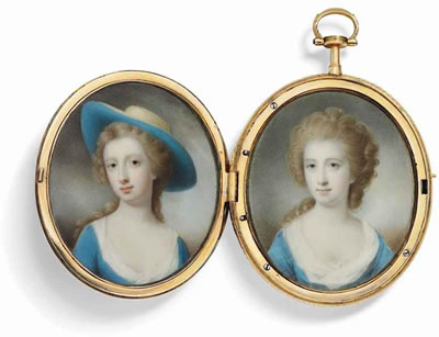 A pair of miniatures of two girls, one called Jane, Countess of Kingston, née Caulfeild (1737-1784), in décolleté blue dress with white underdress, fair curling hair, and another girl, called Mrs Malcott, in similar dress, wearing a wide-brimmed ochre hat by Charles Robertson - Auction record, sale price, and art valuation. Compare with similar artists and explore comparable artworks.