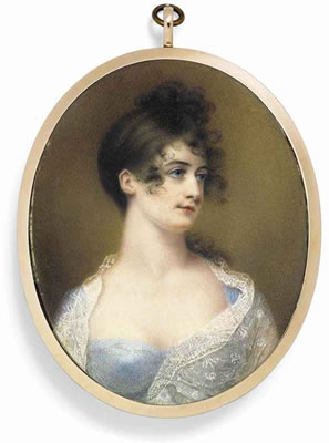Louisa, Countess of Craven, née Brunton (c. 1785-1860), in blue dress and lace shawl, her dark hair piled on her head; pale brown background