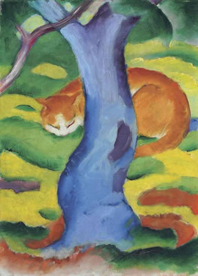 Kinderbild (Katze hinter einem Baum)