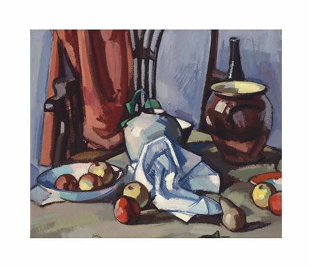 Dish with apples, ginger jar, brown crock, bottle, and chair