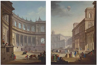 An amphitheatre with figures watching a bull fight; and A capriccio of a square with figures watching a hot air balloon (2)