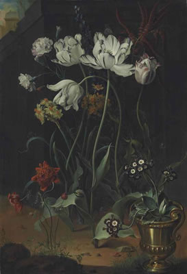 PARROT TULIPS, NARCISSI, CARNATIONS AND OTHER FLOWERS, WITH PRIMROSES IN A BRONZE URN
