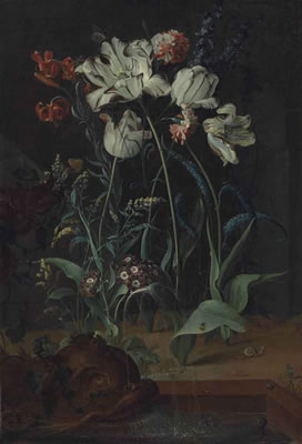 PARROT TULIPS, CARNATIONS, TURK-CAP LILIES AND OTHER FLOWERS WITH A SNAIL, A FROG AND INSECTS BY A FOUNTAIN WITH A SCULPTED DOLPHIN