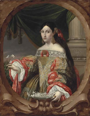 PORTRAIT OF A LADY, HALF-LENGTH, IN A RICHLY EMBROIDERED LACE DRESS WITH RED SLEEVES, GOLD EARRINGS, HOLDING A PEARLED SALVER WITH JASMINE FLOWERS, IN A SCULPTED CARTOUCHE