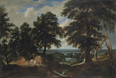 AN EXTENSIVE WOODED LANDSCAPE, WITH THE CONVERSION OF SAINT HUBERT IN THE FOREGROUND