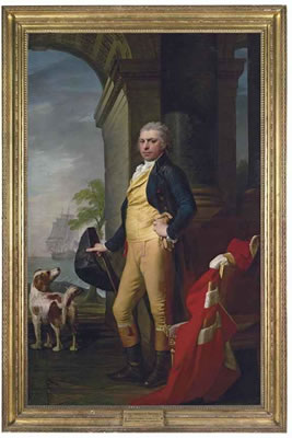 PORTRAIT OF GEORGE HAY (1753-1804), 7TH MARQUESS OF TWEEDDALE, FULL-LENGTH, IN A BLUE COAT, A GOLD WAISTCOAT AND A WHITE STOCK, HOLDING A TOP HAT AND A CANE, HIS PEER'S ROBES ON THE CHAIR BESIDE HIM, WITH A HOUND, A SHIP AT SEA BEYOND