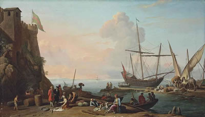 A MEDITERRANEAN HARBOUR WITH STEVEDORES UNLOADING THEIR SHIPS, FIGURES SELLING FISH IN THE FOREGROUND BY A FORTRESS by Adrien Manglard - Auction record, sale price, and art valuation. Compare with similar artists and explore comparable artworks.