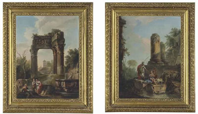A CAPRICCIO WITH CLASSICAL RUINS AND FIGURES RESTING BY A FOUNTAIN IN THE FOREGROUND; AND A CAPRICCIO WITH CLASSICAL RUINS AND A CENTURION CONVERSING WITH TWO FIGURES, WITH A DOG by Andrea Locatelli - Auction record, sale price, and art valuation. Compare with similar artists and explore comparable artworks.