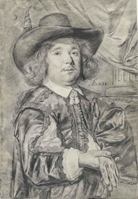Portrait of a gentleman aged 39, half-length, wearing a wide-brimmed hat, holding his gloves in his right hand by Cornelis Visscher II - Auction record, sale price, and art valuation. Compare with similar artists and explore comparable artworks.