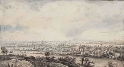 A panoramic river landscape with pollard willows